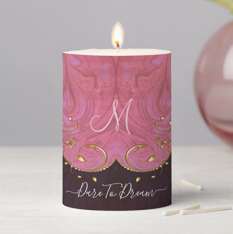 Gold Leaf Flourish Pink Burgundy Swirl Pillar Candle