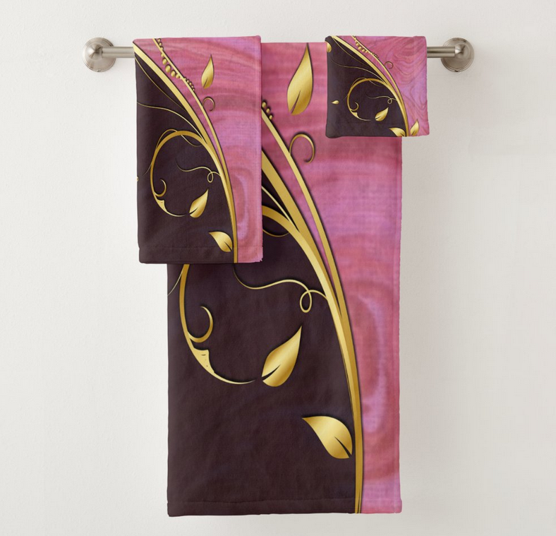 Gold Leaf Flourish Pink Burgundy Swirl Bath Towels