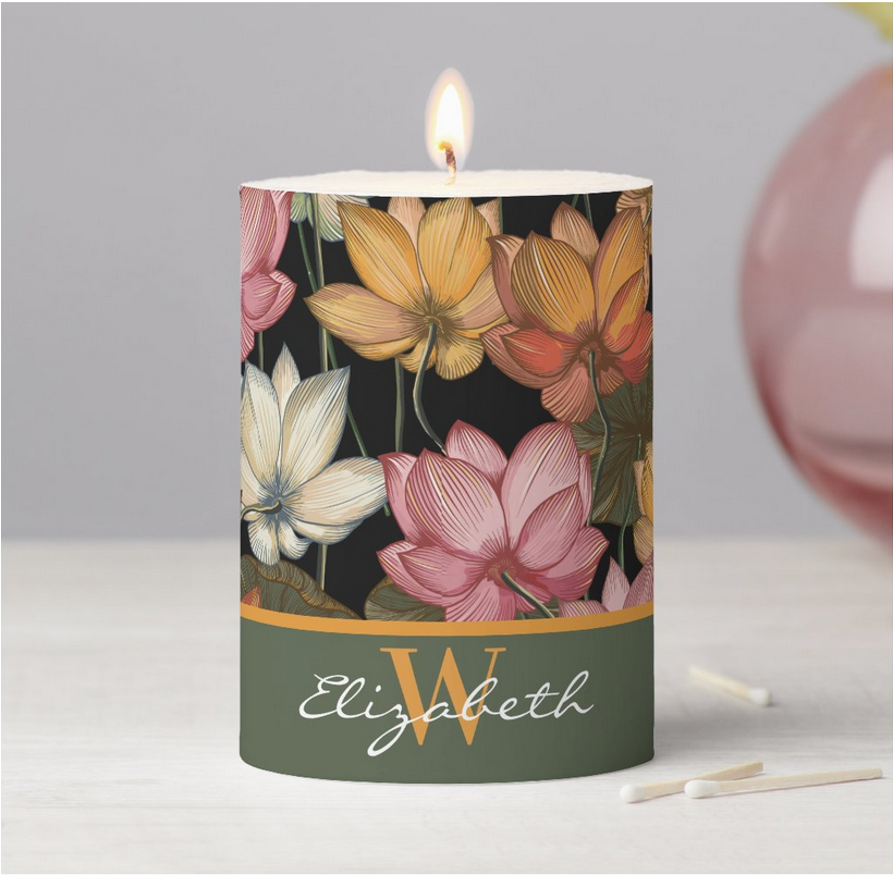 Lotus Water Lily Pink Green Yellow Black Monogram Candle