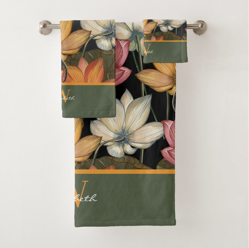 Lotus Water Lily Pink Green Yellow Black Monogram Towel Set