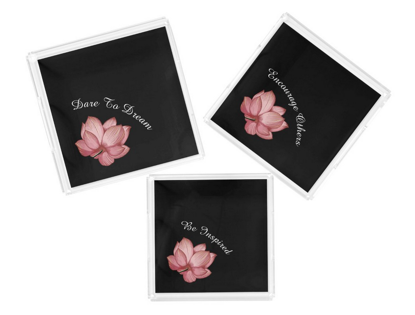 Pink Lotus Water Lily on Black Inspirational Text Tabletop Trays