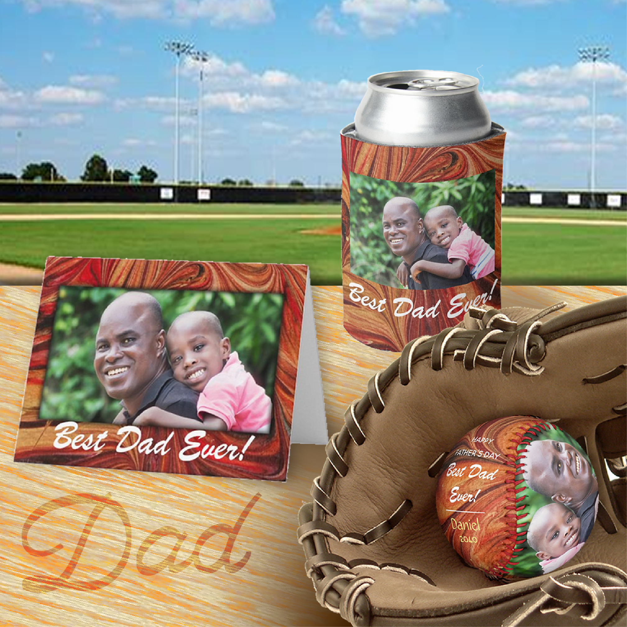 Personalized matching baseball, greeting card and can cooler Gift Set for Dad on Father's Day